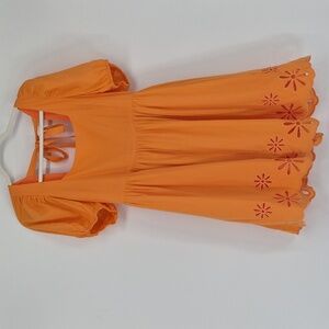 Jacquie The Label Orange Floral Eyelet Classic Cotton Popover Puff Sleeve Dress